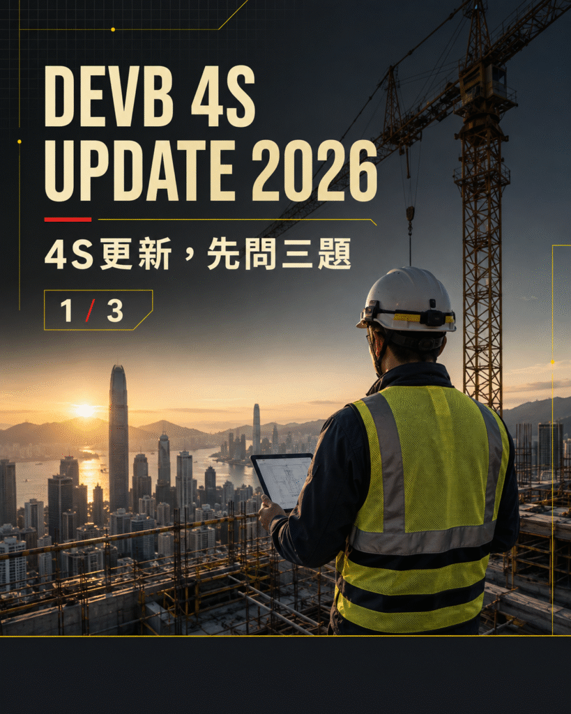 AutoSafe「4S Update 2026」建築地盤安全資訊圖，以香港工地為背景，提醒工程團隊先評估高空工作、火警及棚架風險，配對合適的 4S 智能安全系統。