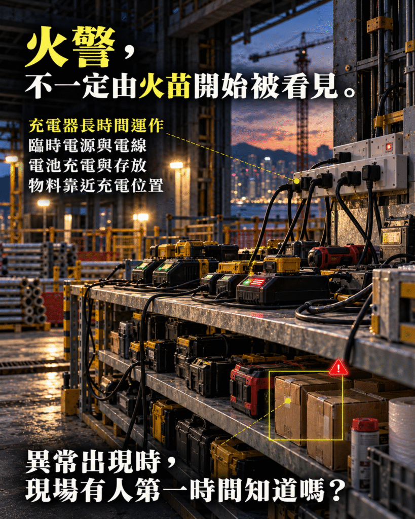 地盤充電器、電池、臨時電源、電線及附近物料，說明充電區需要持續監察煙霧和異常情況。