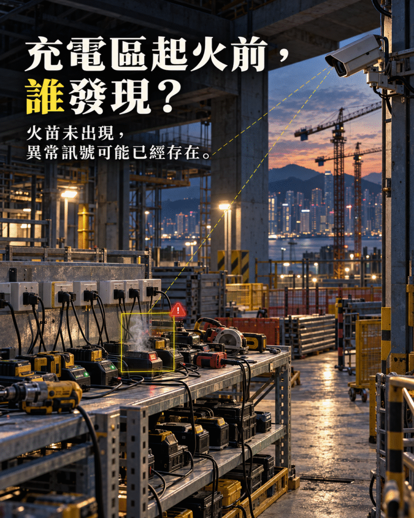 香港建築地盤的電池和充電設備區域，強調火苗出現前的工地火警風險管理。
