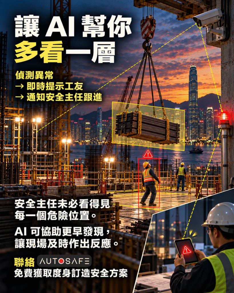 AI CCTV 偵測工友進入吊物下方危險區域,現場發出提示並通知安全主任跟進,展示 AI 安全監察系統協助預防吊運意外。