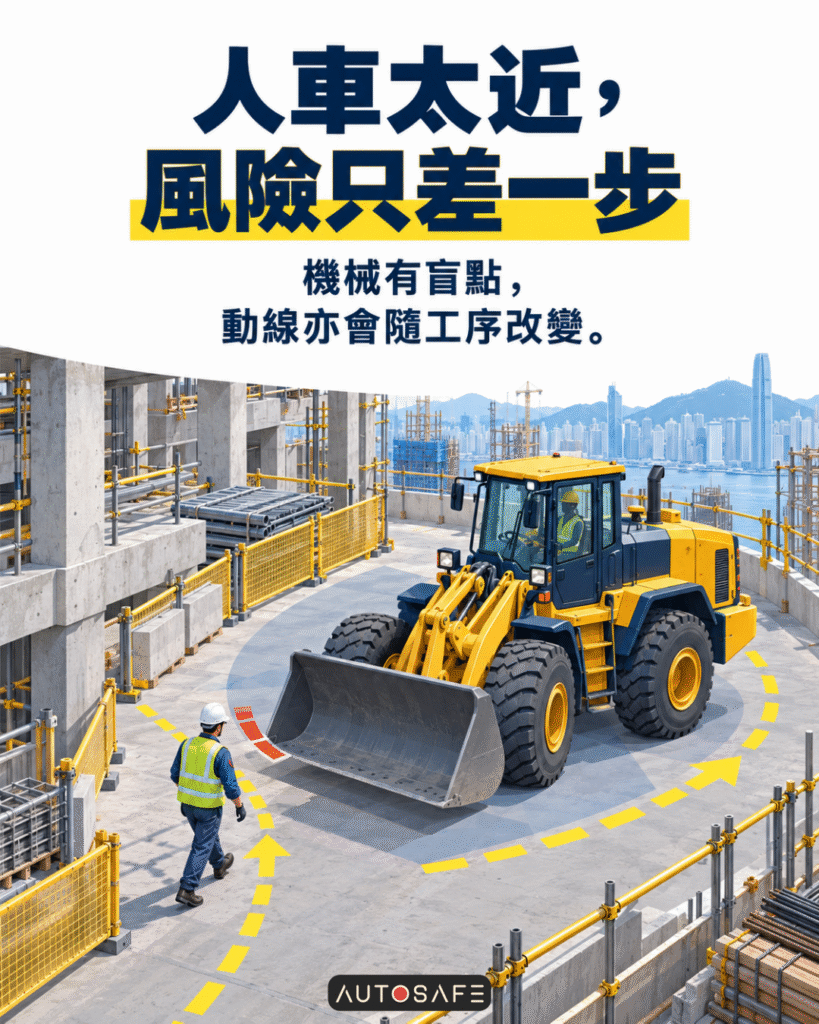 香港建築地盤的人車交叉作業插畫，一名工友接近正轉彎的流動機械，安全黃線標示行人與機械動線及人機距離風險，說明工地人車安全管理的重要性。