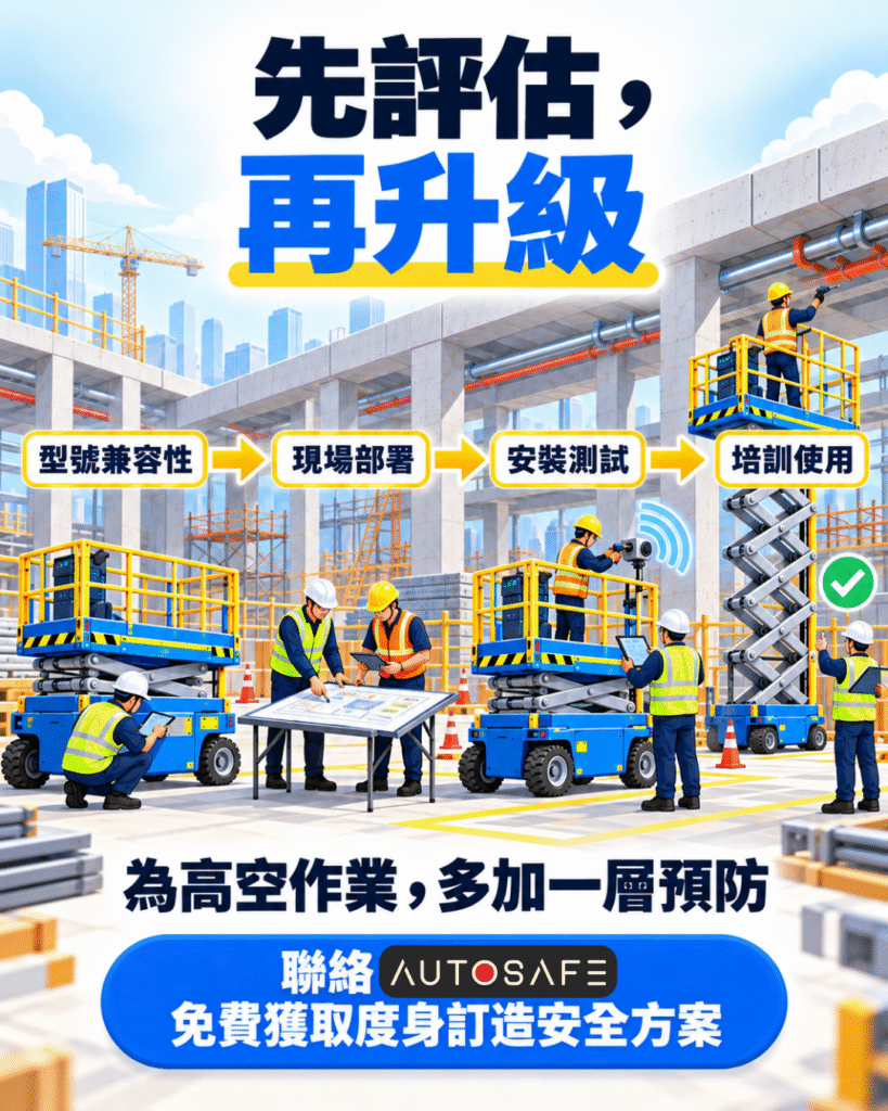 MEWP 智能監察系統升級流程插畫：技術人員先評估現有流動式升降工作平台的型號兼容性與工地環境，再進行部署、安裝測試及操作員培訓。