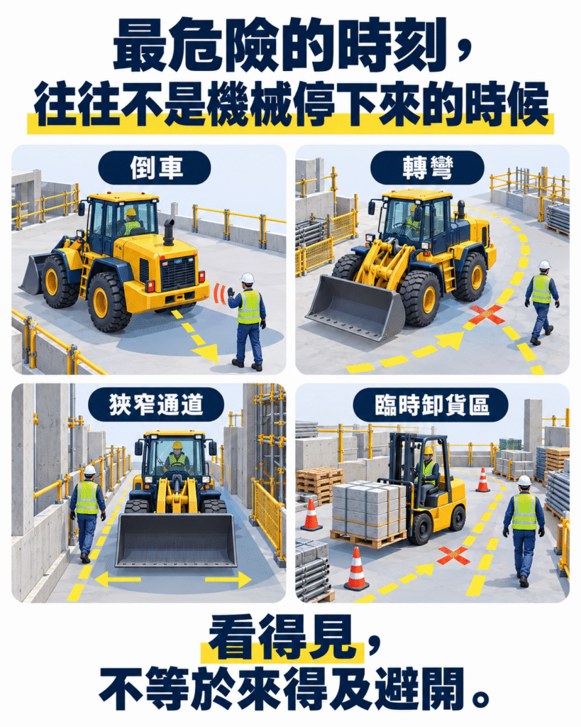 工地人機安全風險資訊插畫，展示流動機械倒車、轉彎、狹窄通道及臨時卸貨區等人車交叉作業情境，提醒建築地盤須管理機械盲點和工友安全距離。